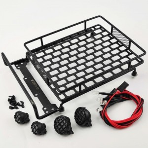 170mm Roof Luggage Rack with Round LED Light Bar for 1/10 RC Cars - Black 170*115*42mm