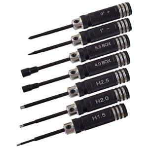 7pcs Galvanized Hex Socket Tool set - Black Hex: 1.5/2.0/2.5mm Box: 4.0/5.5mm Philips 0# Soltted 1# 7pcs/set Length: 109mm Handle Dia: 14mm Tip Rod Dia: 3.5mm