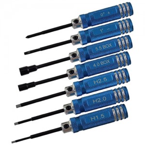 7pcs Galvanized Hex Socket Tool set - Blue Hex: 1.5/2.0/2.5mm Box: 4.0/5.5mm Philips 0# Soltted 1# 7pcs/set Length: 109mm Handle Dia: 14mm Tip Rod Dia: 3.5mm